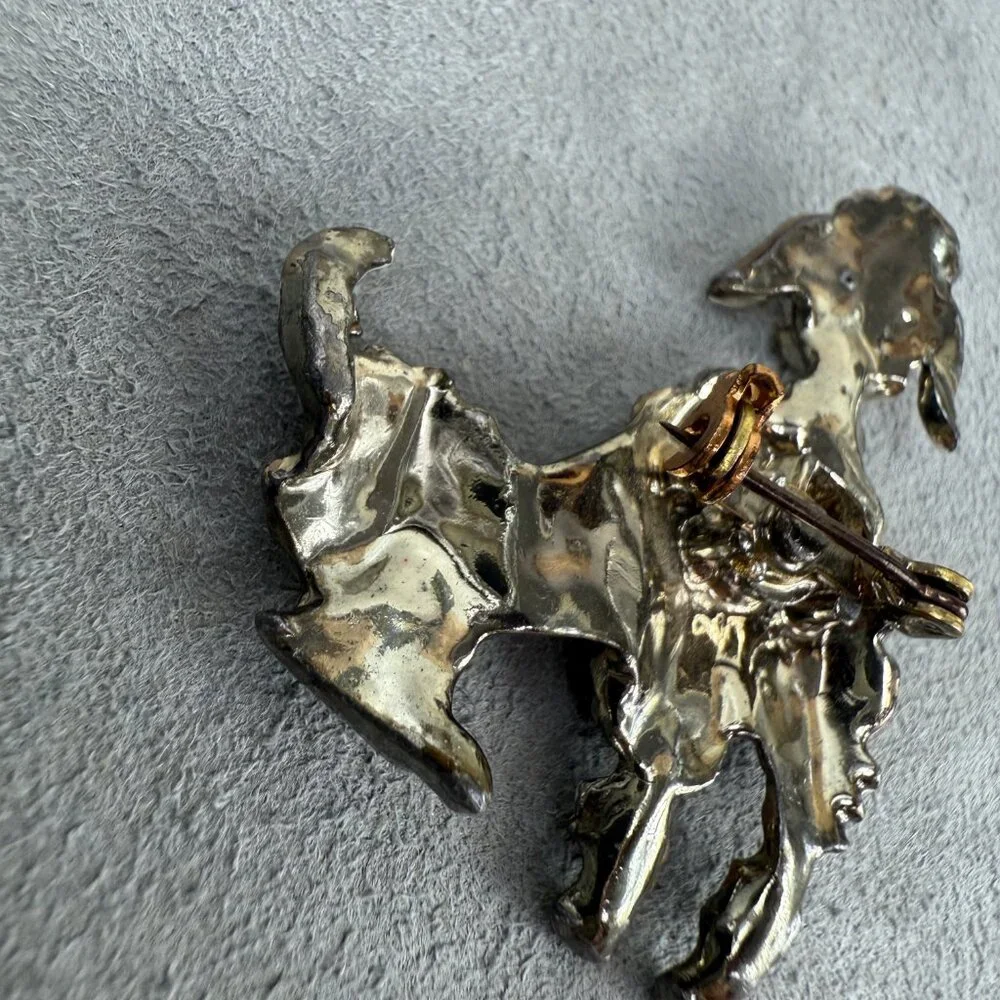 Vintage 50s Silver Tone Poodle Brooch w/ Enamel & Green Rhinestone Eyes